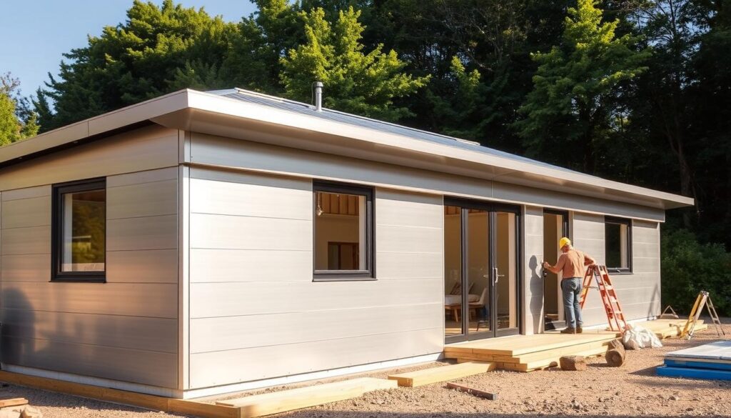 A modern, well-insulated annex with sleek, metallic sandwich panels being installed by skilled workers. The scene is bathed in warm, natural lighting, casting soft shadows and highlighting the clean lines of the building. The panels fit together seamlessly, creating a sturdy and energy-efficient structure. In the background, the annex is situated against a backdrop of lush greenery, blending the modern architecture harmoniously with the natural surroundings. The overall atmosphere conveys a sense of quality craftsmanship and attention to detail, befitting the high standards of the construction project.