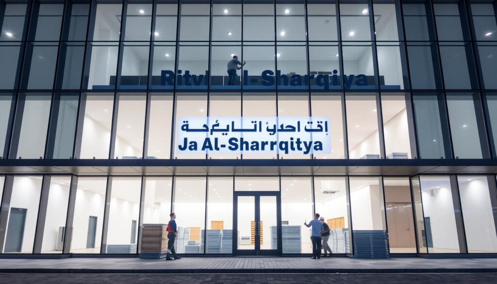 A modern, well-lit commercial building with a sleek glass facade and a team of construction workers carefully installing insulated sandwich panels. The front entrance is adorned with a prominent sign displaying the company's name, "Riyada Al-Sharqiya", conveying a sense of quality and professionalism. The building's interior is visible through the large windows, showcasing a clean, minimalist design with high ceilings and ample natural lighting. The overall atmosphere exudes a sense of innovation, attention to detail, and a commitment to engineering excellence that aligns with the section title "Quality Standards Adopted by Riyada Al-Sharqiya".