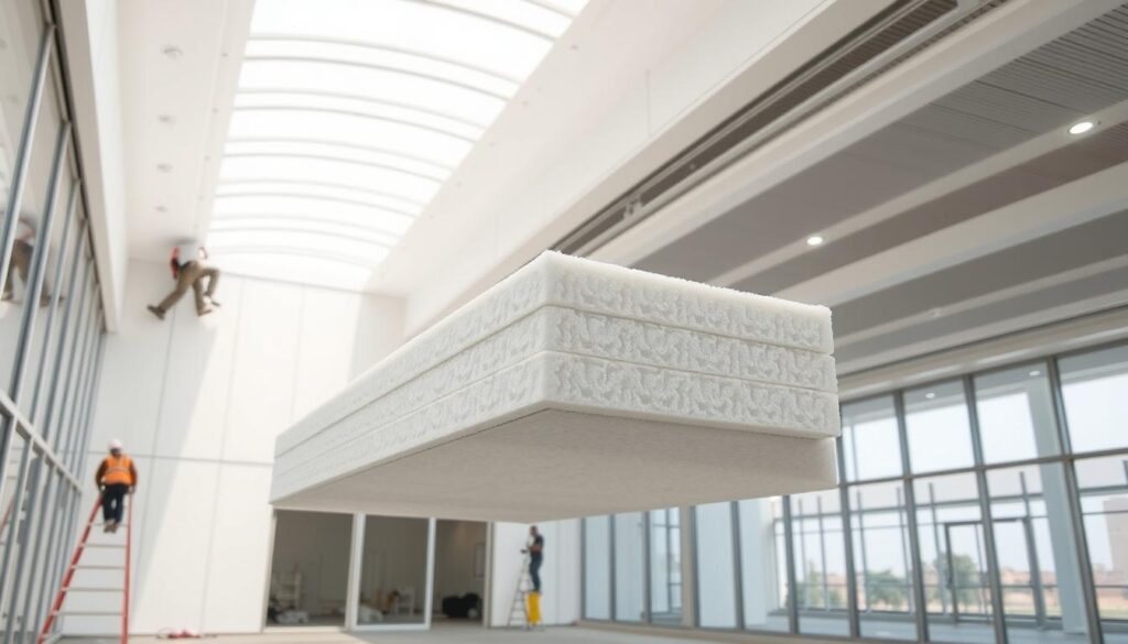 A modern, well-lit glass annex in Saudi Arabia, with workers carefully installing thick, high-quality insulated sandwich panels along the walls and ceiling. The panels have a sleek, uniform white exterior, creating a bright, airy atmosphere. The middle ground features the panel's cross-section, revealing the dense foam insulation core that provides superior thermal and acoustic properties. In the background, the annex's clean, minimalist architecture blends seamlessly with the surrounding environment, showcasing the versatility and innovative design of this construction method.