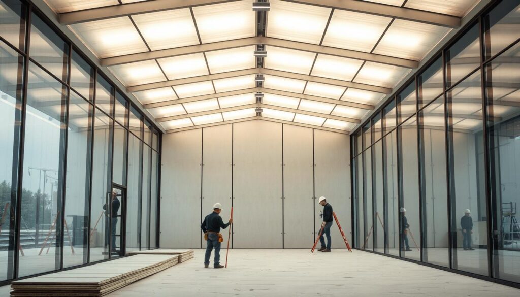A modern, well-lit glass annex with workers installing insulated sandwich panels in a sleek, minimalist design. The transparent walls and high ceilings create a spacious, airy atmosphere, while the panels provide efficient thermal regulation. The clean lines and neutral color palette give the space a contemporary, sophisticated feel. Soft, diffused lighting from overhead fixtures casts a warm glow, highlighting the precision of the panel installation. The overall impression is one of functional elegance, showcasing the versatility and quality of the sandwich panel product.