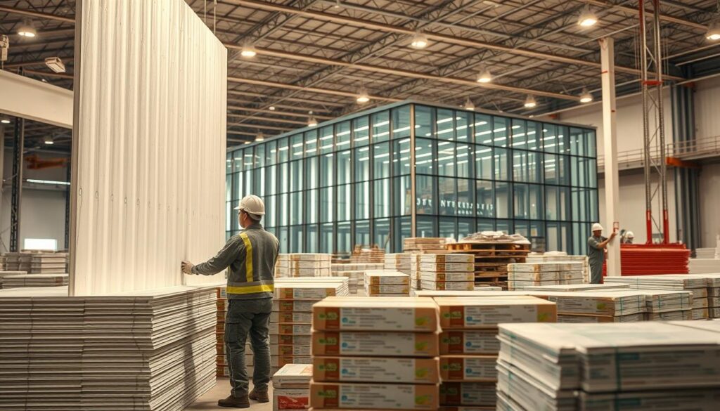 A modern, well-lit industrial space showcasing the quality standards of construction materials in Dammam, Saudi Arabia. In the foreground, a team of skilled workers meticulously installing insulated sandwich panels, ensuring optimal thermal efficiency. The middle ground features an array of high-quality building supplies, their packaging and labels prominently displayed. In the background, the sleek, glass-encased structure takes shape, embodying the innovative architectural solutions that are transforming the region. Warm, diffused lighting bathes the scene, creating a sense of professionalism and attention to detail. The overall composition conveys the rigorous quality control and commitment to excellence that defines the construction industry in Dammam.