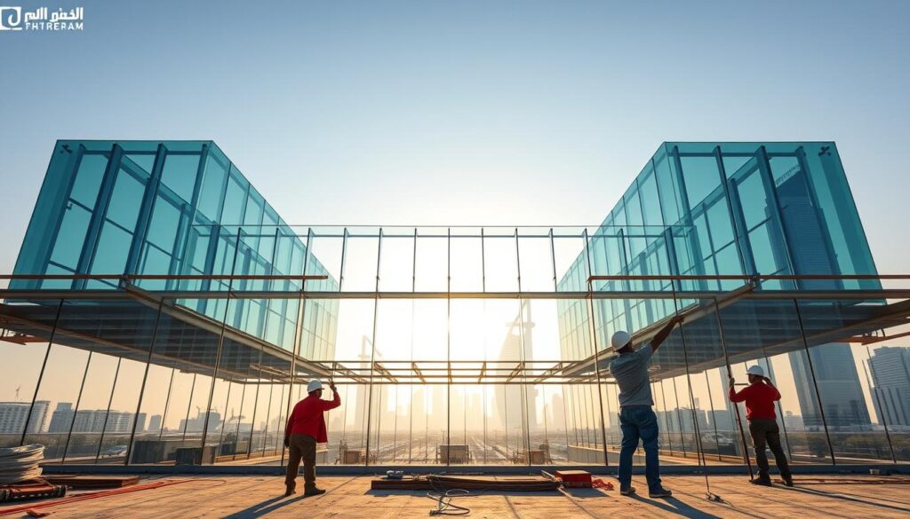 A panoramic glass structure emerges in the heart of Dammam, its sleek silhouette reflecting the vibrant city skyline. In the foreground, skilled workers meticulously install insulated sandwich panels, crafting the framework for a luxurious glass enclosure. Precision and attention to detail are paramount as they navigate the intricate construction process, ensuring the seamless integration of cutting-edge materials. The scene radiates an atmosphere of technological sophistication and architectural excellence, capturing the essence of the project's transformative vision. Warm sunlight filters through the glass, casting a warm glow and accentuating the modern, refined aesthetic. This captivating image depicts the pivotal steps that will shape the future of Dammam's architectural landscape, a testament to the city's commitment to innovation and design.