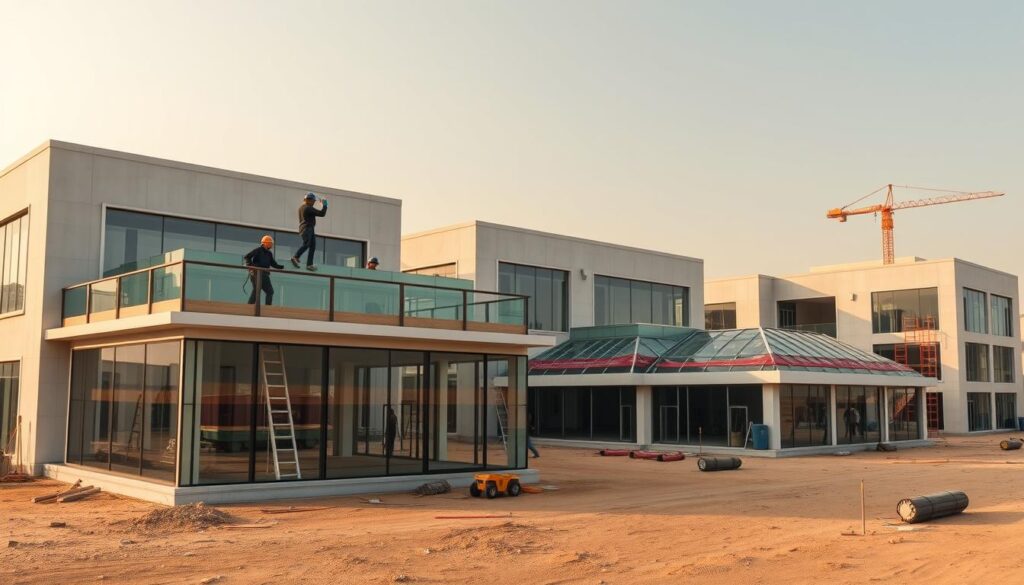 A panoramic view of a modern commercial complex in Dammam, Saudi Arabia. The scene depicts the construction of glass-enclosed annexes and sunrooms, with workers diligently installing insulated sandwich panels to create a sleek, sophisticated facade. The buildings feature clean lines, floor-to-ceiling windows, and a harmonious blend of steel, glass, and concrete. Warm lighting casts a soft glow, highlighting the precision and attention to detail in the ongoing development. The overall atmosphere exudes a sense of elegance and innovation, showcasing the company's expertise in delivering high-quality architectural projects in the Dammam region.