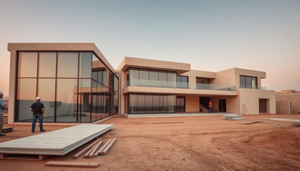 A panoramic view of a modern villa construction site in Dammam, Saudi Arabia in 2026. The foreground features skilled workers meticulously installing insulated sandwich panels to create expansive glass rooms and annexes. The middle ground showcases the villa's sleek architectural design with clean lines and large windows. In the background, a palette of warm, earthy tones accentuates the premium materials and finishes used, including natural stone and polished concrete. The scene is bathed in soft, diffused lighting that highlights the precision and craftsmanship of the ongoing building project.