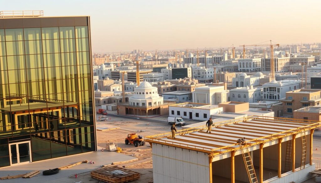 A panoramic view of the city of Qatif, Saudi Arabia, showcasing the recently completed projects by a local construction company. In the foreground, a modern glass-enclosed annex stands tall, its sleek facade reflecting the surrounding architecture. In the middle ground, workers diligently install insulated sandwich panels, meticulously crafting the structure. The background is filled with a mix of traditional and contemporary buildings, blending the old and the new. The lighting is warm and natural, casting a golden glow over the scene, capturing the spirit of progress and development in this thriving city.