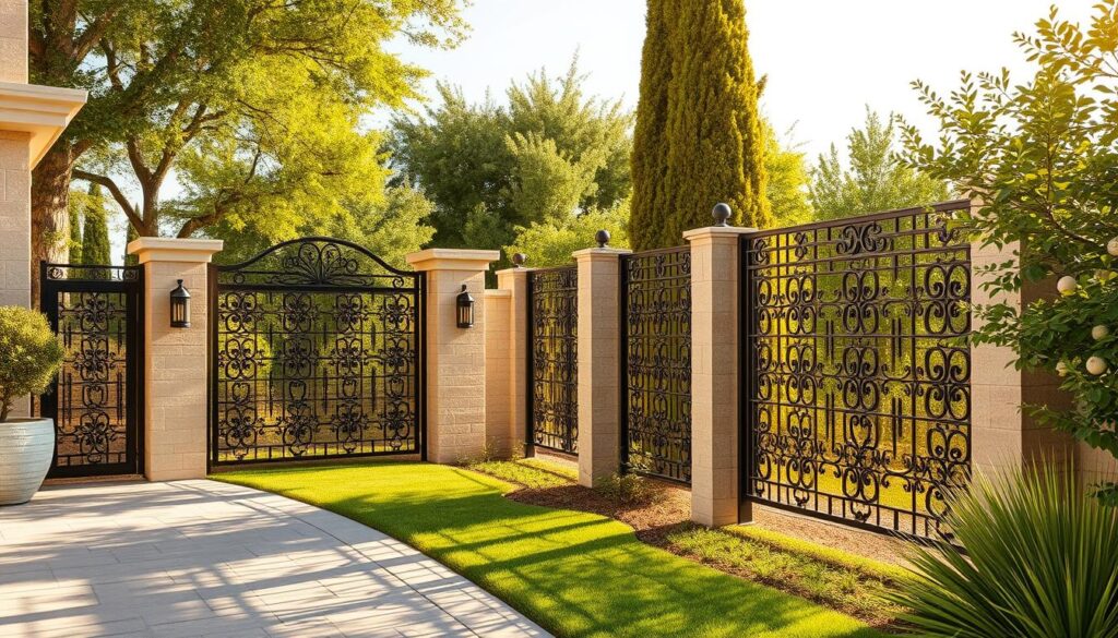 A picturesque outdoor scene showcasing the architectural elegance and sturdy construction of privacy fences and wall screens in the Ahsa region. Sleek, contemporary structures crafted with premium materials like stone, wood, and wrought iron, blending seamlessly into the lush, sun-dappled landscape. Intricate patterns and decorative elements add an air of sophistication, while robust build quality ensures durable protection for homes and villas. The scene is bathed in warm, golden sunlight, casting dramatic shadows and highlighting the textural details. A serene, harmonious atmosphere that embodies the balance of form and function in Ahsa's modern privacy solutions.