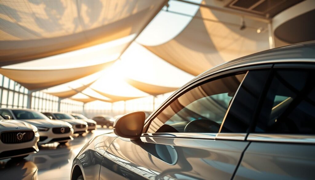 A pristine, modern car showroom showcasing an array of sleek, high-quality vehicles. In the background, a series of tensile shade structures cast intricate patterns of light and shadow across the scene, reflecting the attention to detail and commitment to excellence. The car's gleaming finish and the structures' clean lines convey a sense of precision engineering and unwavering quality. The lighting is warm and inviting, drawing the viewer's eye to the meticulously maintained vehicles and the well-designed shade structures that provide a comfortable, reliable environment for customers. This image evokes a feeling of trust, reliability, and the exceptional post-sales service one would expect from a premier automotive retailer in Saudi Arabia.