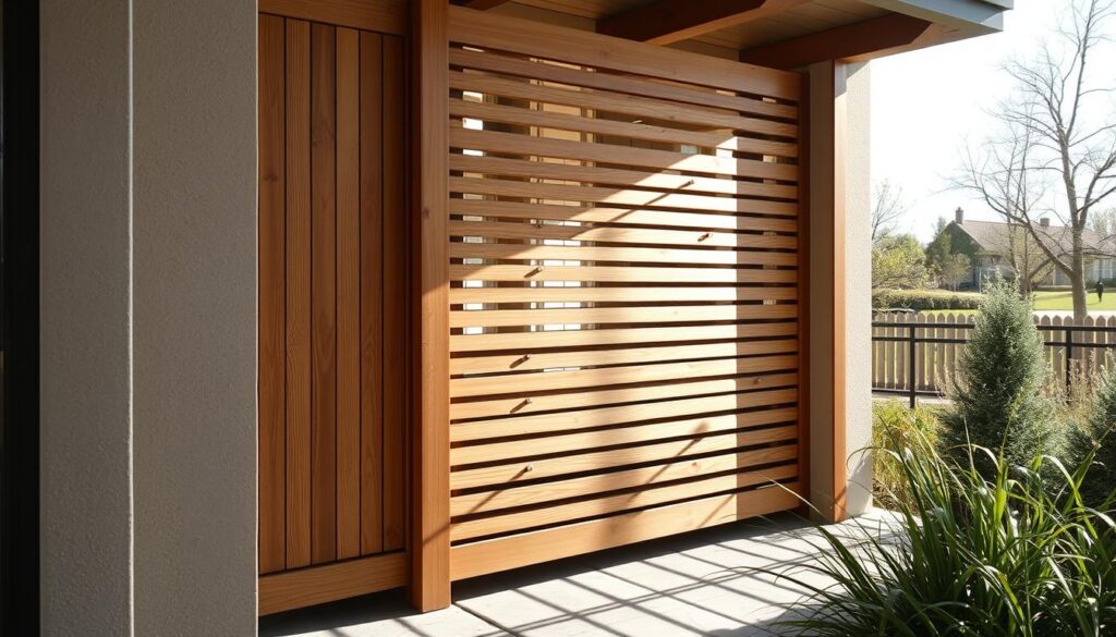 A rustic, wooden privacy screen stands tall, its natural grain and warm tones exuding a sense of sophistication. Sunlight filters through the carefully spaced slats, casting intricate patterns on the ground below. The screen's sturdy construction and elegant design offer both privacy and aesthetic appeal, seamlessly blending into the surrounding architecture. Subtle textures and detailed woodwork captivate the eye, creating an inviting and sophisticated atmosphere. This wooden screen epitomizes the perfect balance of functionality and visual appeal, making it an ideal choice for discerning homeowners seeking to enhance the elegance and privacy of their outdoor spaces.