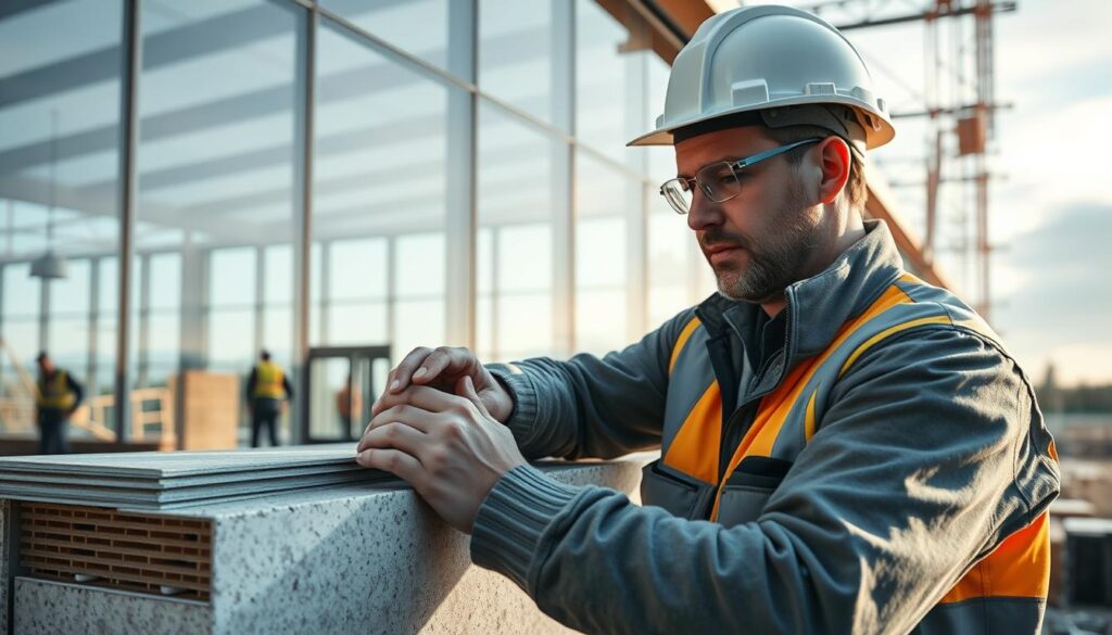 A scene of an engineer closely inspecting the installation of insulated sandwich panels on a modern glass-enclosed annex. The lighting is soft and directional, accentuating the textural details of the materials. The engineer, dressed in a hardhat and safety gear, carefully examines the panel connections and seals, ensuring precise alignment and quality workmanship. The background features the partially constructed building, with workers in the distance carrying out their tasks. An atmosphere of diligence and attention to detail pervades the scene, reflecting the importance of engineering oversight in delivering a high-quality, thermally efficient structure.