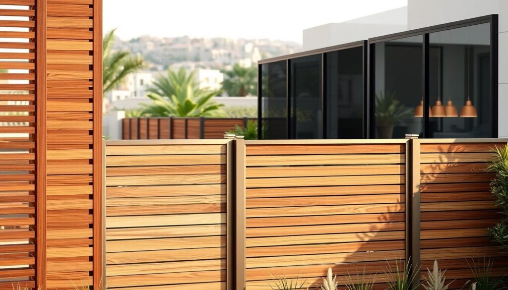 A serene and sophisticated scene of privacy fences and wall screens for homes and villas in Jubail, 2026. The foreground showcases an elegant selection of custom-designed slatted wooden panels, their rich grains and warm tones reflecting the warm desert light. In the middle ground, sleek metal frames and tinted glass panels create a harmonious blend of function and aesthetic, providing both privacy and a striking visual statement. The background subtly hints at lush greenery and the picturesque architecture of the surrounding Jubail community, setting the stage for a sense of tranquility and exclusivity. Soft, diffused lighting casts a warm, inviting glow, highlighting the high-quality craftsmanship and attention to detail that define the 2026 offerings of these premium privacy solutions.