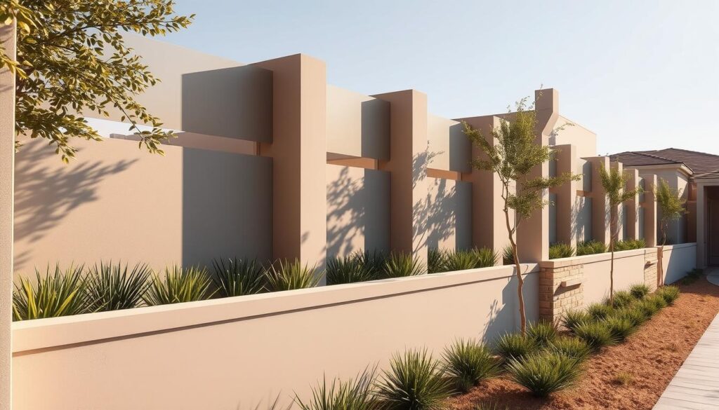 A serene, architectural composition of elegant, contemporary privacy fences and wall screens adorning the Eastern Province landscape. Sleek, minimalist lines in neutral, earthy tones seamlessly integrate with the surrounding environment. Dappled sunlight filters through strategically placed openings, casting warm, inviting shadows that convey a sense of security and sophistication. The overall design prioritizes both functional and aesthetic considerations, showcasing how thoughtful engineering can create privacy solutions that harmonize with the region's distinct architectural style. The result is a harmonious blend of form and function that embodies the pinnacle of quality and craftsmanship.