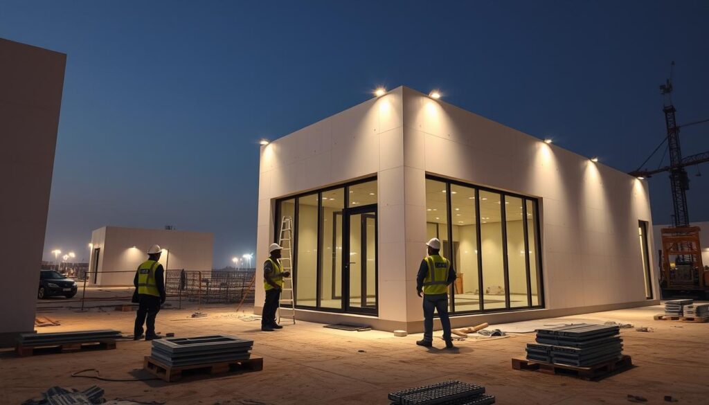 A serene construction site in Saudi Arabia, where skilled engineers oversee the meticulous installation of high-quality insulated sandwich panels to build modern annexes and glass rooms. Crisp lighting accentuates the clean lines and seamless integration of the new structures, as workers carefully ensure proper structural integrity and energy efficiency. The scene conveys a sense of professionalism, attention to detail, and a commitment to delivering a robust, well-engineered design that will withstand the local climate and meet the highest standards of quality and safety.