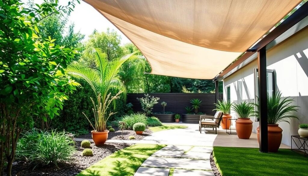 A serene garden setting with lush greenery and a modern, stylish tensile shade structure taking center stage. The structure's clean lines and sophisticated design create an inviting ambiance, complemented by the dappled sunlight filtering through the fabric canopy. Strategically placed potted plants and a stone pathway lead the eye through the tranquil scene, evoking a sense of harmony between nature and architecture. The image showcases the perfect balance of functionality and aesthetic appeal, making it an ideal choice to illustrate the section on selecting the right garden shade design.