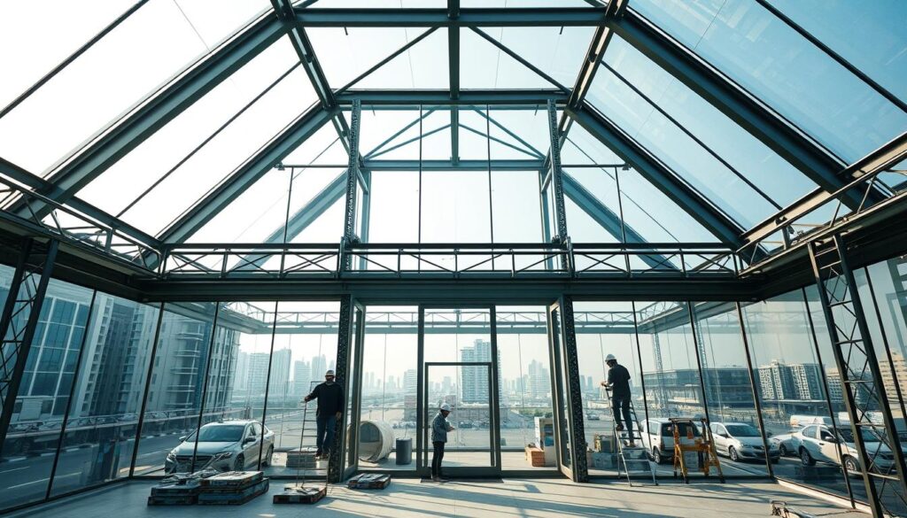 A serene glass-walled atrium standing tall amid the bustling cityscape of Al Khobar. Intricate steel frames support sleek, insulated panels that let in natural light, creating a sophisticated, airy ambiance. Workers meticulously assemble the modern annex, their focus evident as they install the high-performance materials. The structure seamlessly blends with the surrounding architecture, a testament to the company's expertise in delivering exceptional glass room projects across the city.
