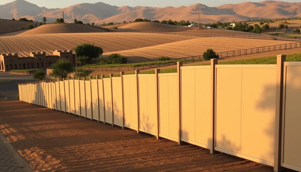 A serene landscape featuring rows of elegantly crafted privacy screens and fences in warm, muted tones. The scene captures the essence of the "سواتر القطيف", showcasing their harmonious integration with the surrounding environment. The screens cast gentle shadows, creating a sense of depth and privacy, while the lighting suggests a tranquil, golden hour ambiance. The overall composition conveys a balance of functionality and aesthetic appeal, reflecting the ideal blend of protection and elegance for residential and agricultural settings.