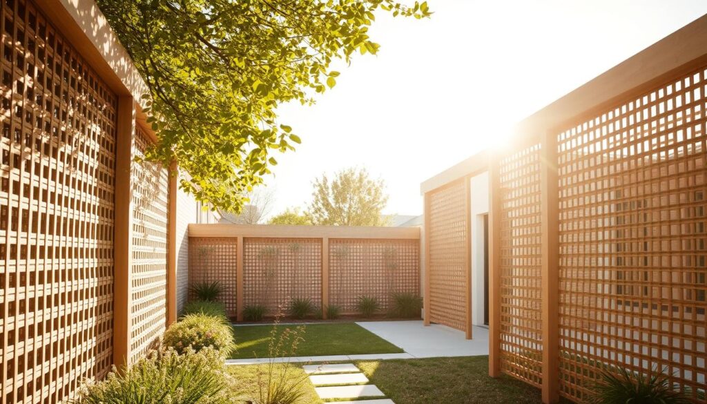 A serene landscape of intricately woven latticed screens, casting a warm, dappled light across a tranquil courtyard. Elegant, natural-toned privacy fences stand tall, their intricate patterns creating a visually striking and harmonious composition. The scene exudes a sense of seclusion and sanctuary, perfectly capturing the essence of enhanced privacy and security in a beautifully designed architectural setting.