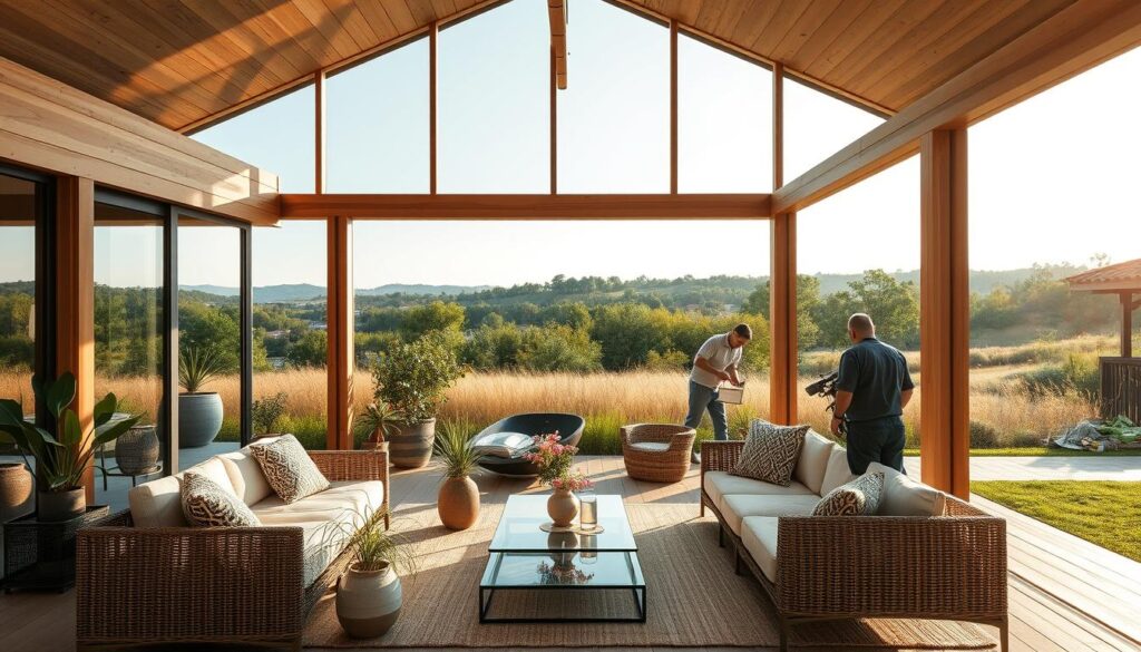 A serene outdoor living space, with a meticulously designed wooden annex overlooking a lush, verdant landscape. Warm sunlight filters through the glass walls, casting a soft glow upon the elegant furnishings. Carefully curated decor elements, such as potted plants and natural fiber accents, create a harmonious, nature-inspired ambiance. The annex's clean lines and seamless integration with the surrounding environment evoke a sense of timeless sophistication and sustainable living. A team of skilled workers diligently install insulated sandwich panels, ensuring both aesthetic appeal and energy efficiency. This captivating scene embodies the perfect balance of modern design and tranquil, outdoor living.