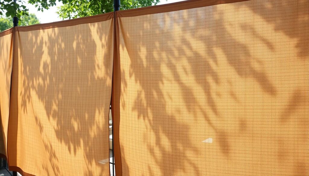 A serene privacy fence of ornate fabric, elegantly draped and cascading to create a sense of enclosure and seclusion. The material is woven in a subtle, earthy tone that blends seamlessly with the surrounding architecture, radiating a warm, inviting ambiance. Dappled sunlight filters through the fabric, casting gentle shadows and imbuing the scene with a soft, dreamy quality. The fence panels are strategically positioned to offer comprehensive privacy while maintaining an airy, open feel, seamlessly integrating the outdoor space with the indoor living area. This beautifully crafted fabric fence embodies the perfect balance of functionality and aesthetic appeal, elevating the overall design and creating a serene oasis of tranquility.