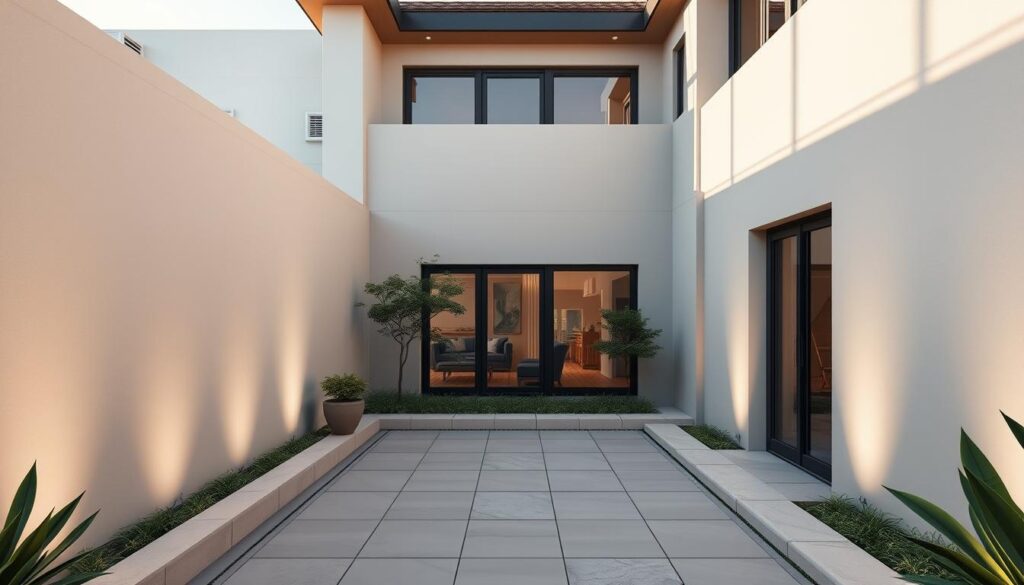 A serene villa courtyard, enveloped in the warm embrace of elegant privacy walls. Smooth, angular screens in a neutral palette seamlessly blend form and function, radiating a refined sophistication. Soft, diffused lighting bathes the scene, casting gentle shadows that accentuate the architectural lines. The walls' robust yet graceful presence conveys a sense of secure tranquility, inviting one to bask in the privacy and comfort of this well-designed oasis. A harmonious fusion of protection and aesthetic excellence, embodying the pinnacle of quality assurance and after-sales service.