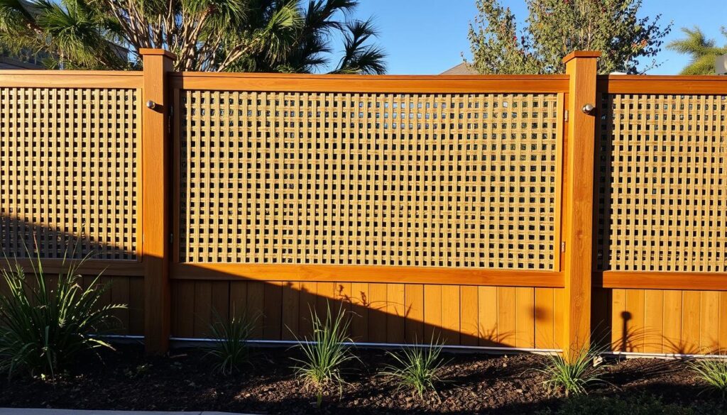 A serene, well-constructed privacy fence stands tall, its intricately woven panels casting intricate shadows on the ground below. The sturdy wooden posts and rails, anchored firmly in the earth, provide a robust and durable framework. Elegant metal accents glint in the warm sunlight, adding a touch of sophistication. The fence seamlessly integrates with the surrounding landscaping, creating a harmonious blend of functionality and aesthetic appeal. Carefully crafted to offer both privacy and visual interest, this installation showcases the perfect balance of form and function, embodying the essence of "تركيب سواتر".