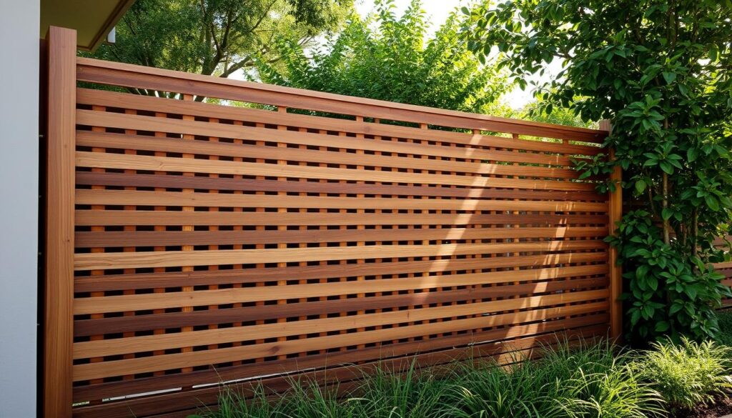 A serene, well-crafted privacy fence made of sturdy wooden slats, organically nestled amongst lush greenery. The backlit slatted design casts intricate patterns of light and shadow, exuding a sense of refined elegance and security. In the foreground, the fence seamlessly blends with the surrounding architecture, creating a harmonious and visually appealing outdoor space. Subtle textures and natural tones evoke a soothing, tranquil atmosphere, perfect for enhancing the privacy and safety of a luxurious villa or family home.