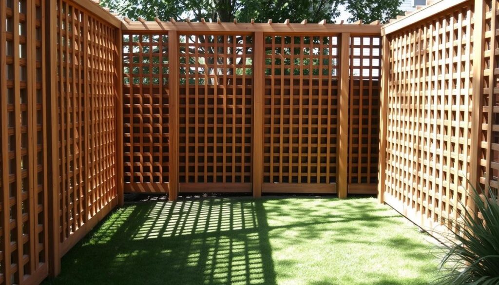 A serene wooden screen enclosure, its intricate latticework casting playful shadows upon the ground. Tall, sturdy panels in a warm, earthy tone create a sense of privacy and security, while delicate openings allow for gentle breezes to flow through. The design is both functional and visually striking, blending seamlessly with the natural surroundings to offer a haven of tranquility. Soft, diffused lighting highlights the textural quality of the wood, lending an air of sophistication and elegance to this residential sanctuary. A harmonious balance of form and function, this wooden privacy screen embodies the essence of modern outdoor living.