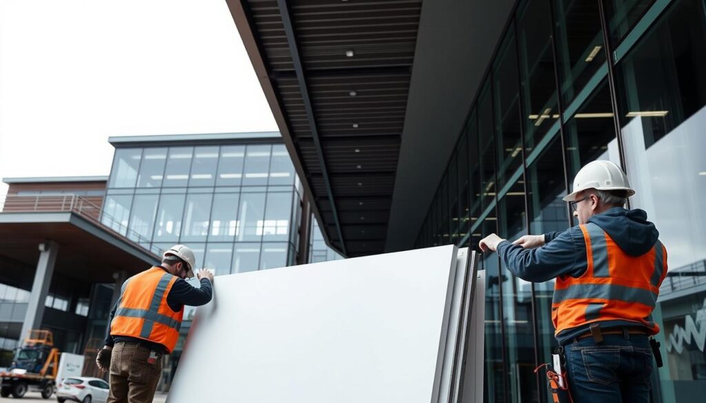 A sleek and contemporary building façade with a focus on architectural engineering. In the foreground, skilled workers carefully install insulated sandwich panels, ensuring precise and meticulous construction. The middle ground features a mix of modern glass and steel elements, seamlessly integrated into the design. The background showcases the overall architectural vision, with a harmonious blend of clean lines, ample natural lighting, and a sense of openness. The scene conveys a mood of professionalism, attention to detail, and a commitment to quality construction and engineering supervision.