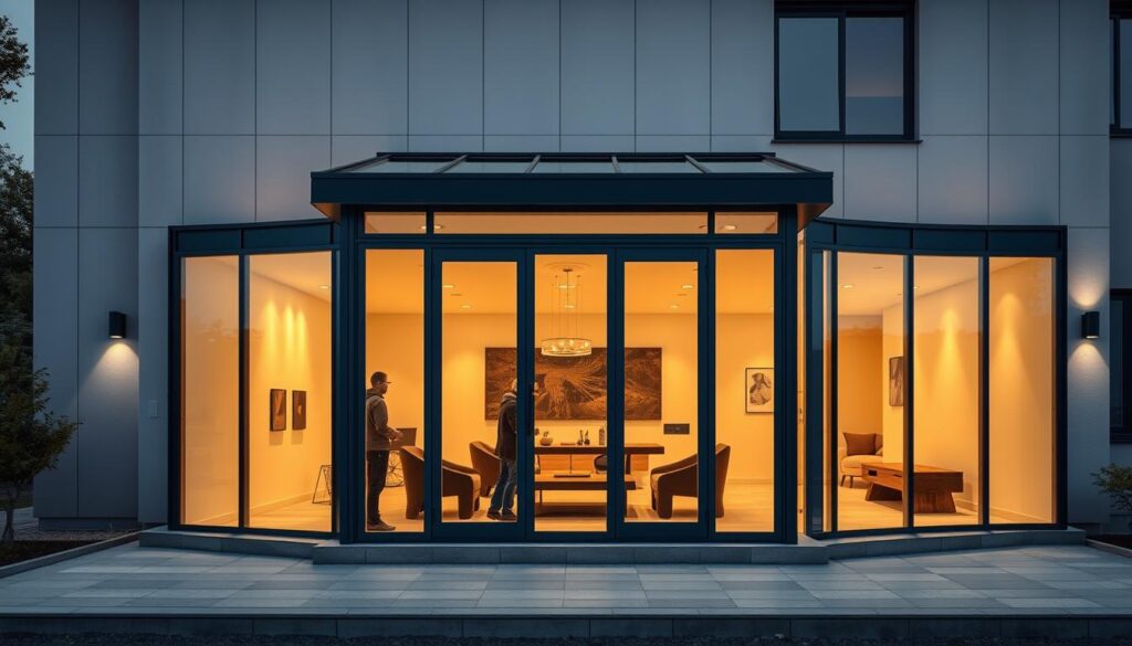 A sleek and contemporary glass-enclosed annex, its facade adorned with seamlessly installed insulated sandwich panels. Warm, diffused lighting filters through the expansive glass walls, casting a cozy glow upon the interior. Skilled workers meticulously assemble the high-quality panels, ensuring a seamless and efficient construction process. The annex stands as a striking addition to the building, blending modern design with optimal thermal performance. Capture the elegance of this glass-encased sanctuary, showcasing the impressive craftsmanship and attention to detail that defines the Riyadah Al-Sharqiyah company's high-end glass room installations.