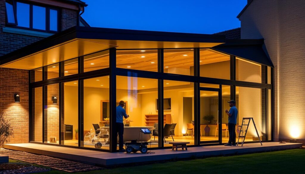 A sleek and contemporary glass-enclosed annex with a meticulously designed sandwich panel system. The structure features clean lines, large windows, and a harmonious blend of transparent and opaque surfaces. Warm lighting accentuates the premium materials, creating a cozy yet modern ambiance. The annex is seamlessly integrated into the building's architecture, showcasing advanced insulation solutions that optimize energy efficiency. Workers carefully install the high-quality panels, ensuring a flawless finish that enhances the overall aesthetic. The scene conveys a sense of elegance, functionality, and attention to detail that exemplifies the ideal sandwich panel annex design.