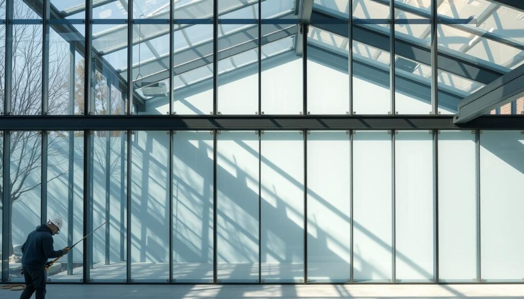 A sleek and contemporary glass enclosure with seamless insulated sandwich panels, expertly installed by skilled workers. The structure features a harmonious blend of clean lines, natural light, and architectural elegance. Subtle shadows cast by the panels create a dynamic interplay of light and form, enhancing the modern aesthetic. The scene conveys a sense of precision, innovation, and a commitment to high-quality craftsmanship. An artistic representation of the latest advancements in building technology, designed to complement the surrounding environment with a touch of sophistication.