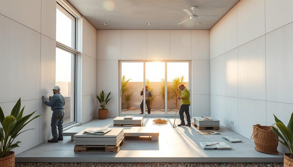 A sleek and contemporary outdoor room, its walls clad in crisp, pristine sandwich panels that seamlessly blend with the smooth cement boards. Sunlight streams in through large windows, casting a warm glow on the space. Workers carefully install the insulated panels, their precision and attention to detail evident in the seamless integration of materials. The overall atmosphere exudes a sense of modern minimalism, where function and form harmoniously converge to create a comfortable and inviting environment, perfectly suited for the setting of Jubail in 2026.