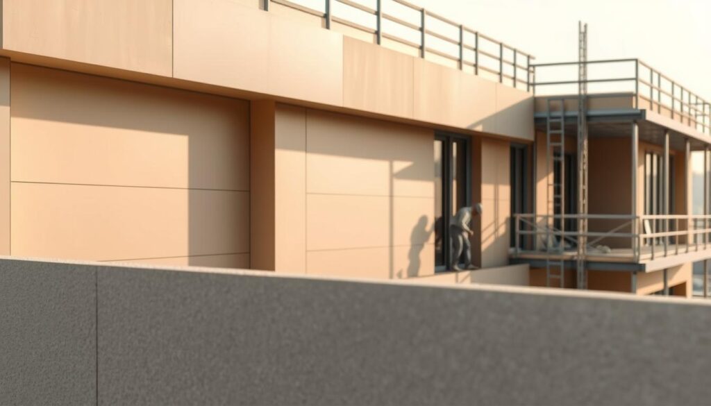 A sleek and modern exterior of a building being constructed using high-quality insulated sandwich panels. The panels, in a warm neutral tone, are carefully installed by skilled workers, creating a seamless and energy-efficient facade. The lighting is soft and natural, casting gentle shadows that accentuate the clean lines and precise edges of the materials. In the foreground, the textured surface of the panels contrasts with the smooth, flat areas, adding depth and visual interest. The background features a hazy, out-of-focus cityscape, establishing the setting as a residential or commercial development in Dammam, Saudi Arabia.