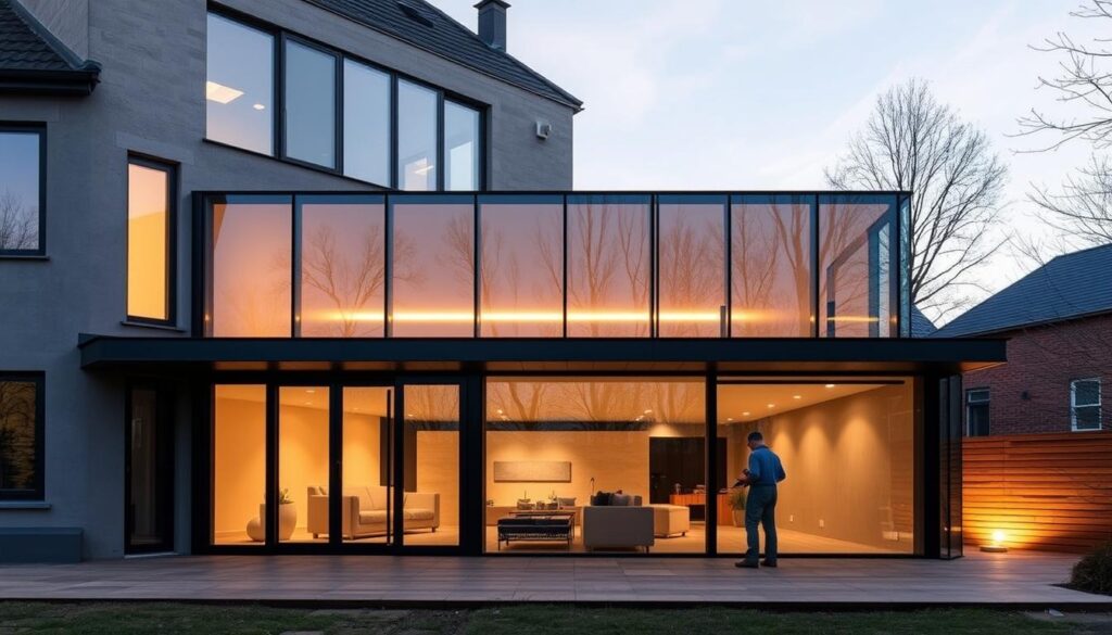 A sleek, contemporary annex with a seamless glass facade, bathed in warm, natural lighting. The structure effortlessly blends with its surroundings, showcasing an expertly crafted insulated sandwich panel system. Skilled workers meticulously install the panels, creating a harmonious interplay of materials and textures. The annex's design exudes a sense of elegance and sophistication, offering a visually striking yet functional addition to the building. Minimalist architectural elements and clean lines accentuate the modern aesthetic, resulting in a visually appealing and thermally efficient external attachment.