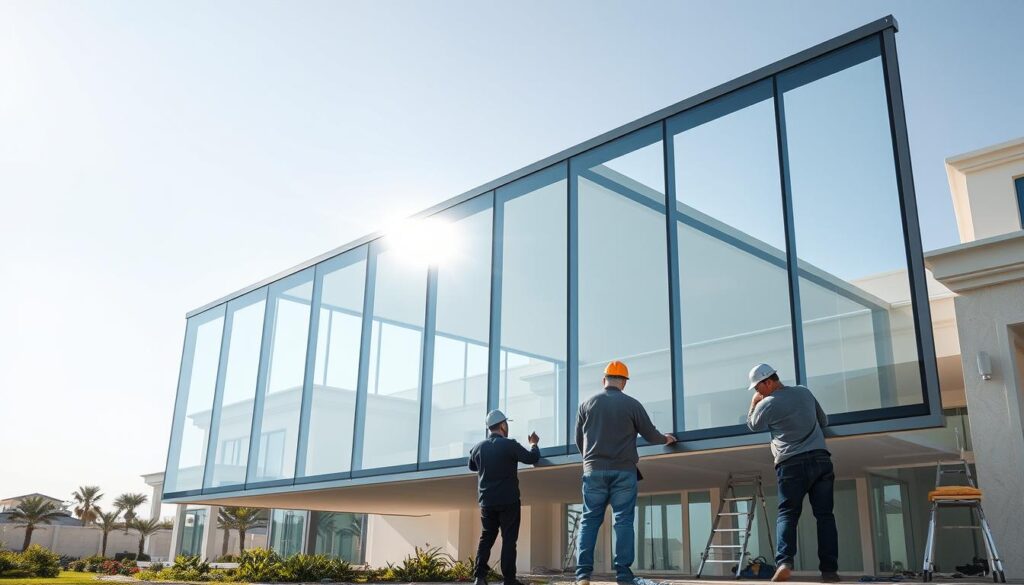 A sleek, contemporary glass-paneled annex with insulated sandwich panels being installed by skilled workers against the backdrop of a modern villa in Dammam, Saudi Arabia. Abundant natural light floods the space, creating a bright and airy atmosphere. The annex's clean lines and minimalist aesthetic complement the villa's architectural style, blending seamlessly with the surrounding landscape. Careful attention to detail is evident in the seamless integration of the panels, reflecting the precision and expertise of the construction team. This bespoke addition promises to enhance the villa's functionality and aesthetic appeal, catering to the discerning tastes of its residents.