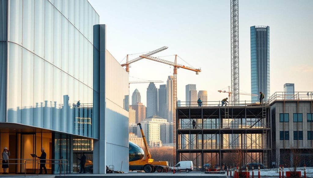 A sleek modern building with expansive glass walls and a minimalist design stands in the foreground. Workers carefully install insulated sandwich panels, creating a seamless and energy-efficient facade. In the middle ground, cranes and scaffolding suggest ongoing construction, while the background features a skyline of contemporary architecture, reflecting the vision of modern building techniques. The scene is bathed in warm, natural lighting, conveying a sense of progress and innovation in the world of construction and interior design.