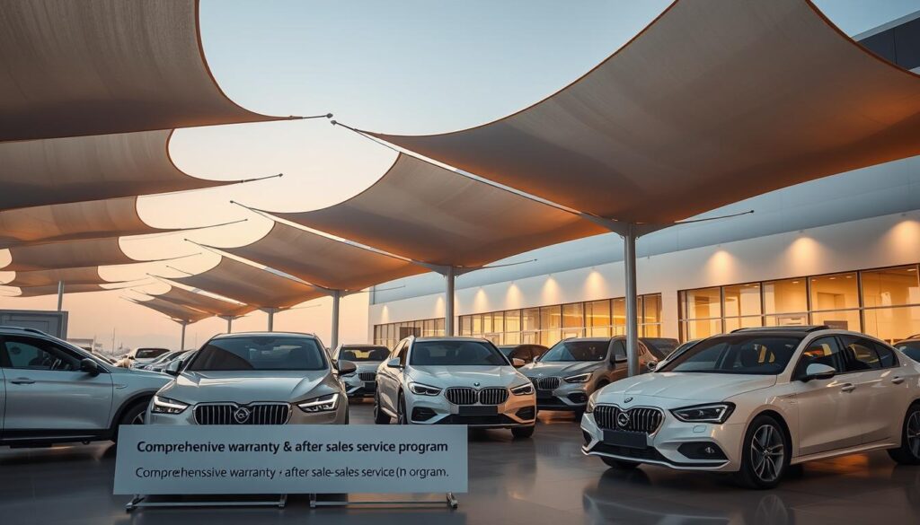 A sleek, modern car dealership showroom in the heart of Ahsa, Saudi Arabia. Towering tensile shade structures cast gentle shadows over the pristine display vehicles, creating an atmosphere of premium quality and meticulous attention to detail. Warm, diffused lighting highlights the gleaming finishes and streamlined silhouettes, evoking a sense of sophistication and reliability. In the foreground, a display showcases a comprehensive warranty and after-sales service program, emphasizing the dealership's commitment to customer satisfaction and lasting value. The scene exudes a professional, reassuring ambiance that instills confidence in the brand's quality and customer care.