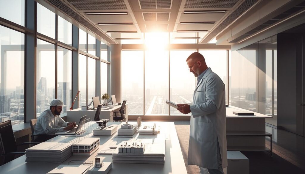 A sleek, modern engineering services office overlooking the cityscape of Dhahran. Sunlight streams through floor-to-ceiling windows, casting a warm glow on the workspace. Architectural models and blueprints are meticulously arranged on desks, while engineers in crisp white lab coats confer over design schematics. In the foreground, a technician inspects the latest insulated sandwich panel installation, ensuring strict compliance with rigorous building standards. The atmosphere exudes a sense of precision, professionalism, and a commitment to delivering high-quality, future-proof infrastructure for the rapidly developing Dhahran annexes.