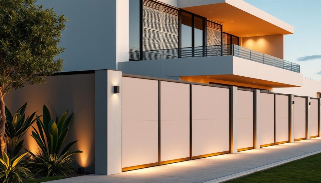 A sleek, modern villa with elegant privacy fences and wall screens in a warm, inviting color palette. Layered panels of varying heights and textures create a harmonious, visually striking design that offers both protection and aesthetic appeal. Soft, diffused lighting casts a cozy glow, while the overall composition conveys a sense of tranquility and exclusivity. The fences seamlessly integrate with the villa's architecture, showcasing the latest trends in luxury home design for 2026.
