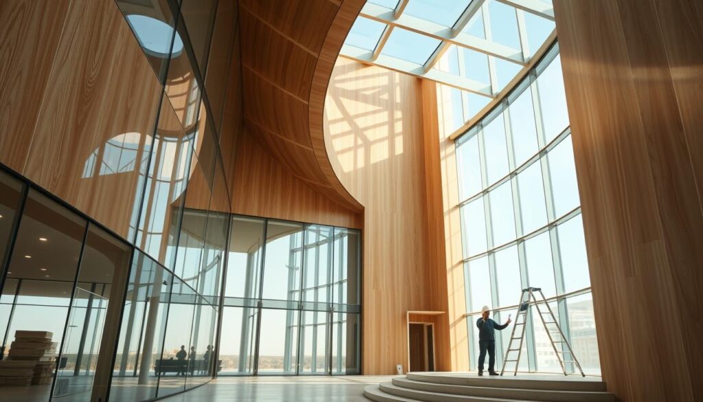 A sophisticated architectural complex with a focus on quality and innovation. Elegant glass-enclosed spaces set against a backdrop of warm, earthy-toned materials. Skilled workers carefully installing high-performance insulated panels, ensuring both visual appeal and exceptional thermal efficiency. Natural light floods the airy interior, creating a serene, elevated atmosphere. Sleek, contemporary lines harmonize with traditional design elements, reflecting a fusion of modern and regional aesthetics. The overall composition evokes a sense of refined luxury and exceptional craftsmanship, embodying the quality standards championed by the Riyada Al-Sharqiya brand.