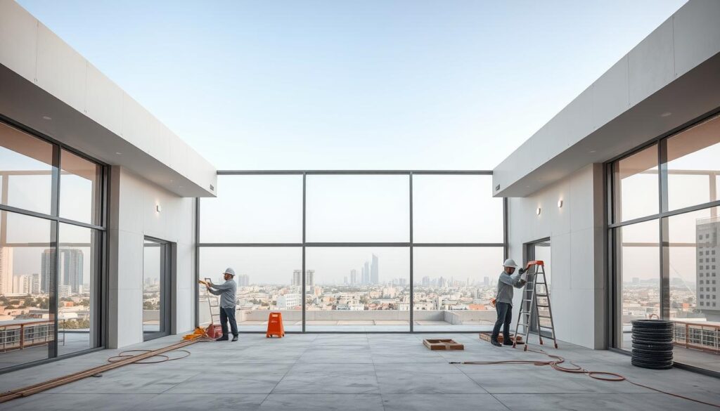 A spacious, contemporary annex with an open-plan layout situated in Dammam, Saudi Arabia. The structure features floor-to-ceiling glass panels that allow an abundance of natural light to flood the interior. Workers meticulously install thermally insulated sandwich panels, ensuring optimal climate control and energy efficiency. The annex's minimalist design blends seamlessly with the surrounding architecture, creating a harmonious visual aesthetic. Subtle lighting fixtures accentuate the clean lines and promote a welcoming, relaxed atmosphere. The middle ground showcases the skilled craftsmanship of the construction team, while the background depicts the vibrant urban landscape of Dammam, setting the scene for this innovative and functional addition to the home.