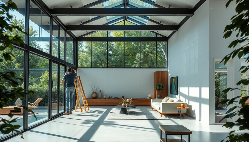 A spacious modern annex with floor-to-ceiling glass walls, crafted with high-quality insulated sandwich panels. Sunlight streams through the translucent panels, illuminating the sleek interior. Skilled workers carefully install the panels, their precision and attention to detail evident in the seamless integration. The annex's minimalist design showcases the advanced thermal and acoustic properties of the sandwich panels, creating a comfortable and energy-efficient living space. Warm wooden accents and contemporary furnishings complement the clean, sophisticated aesthetic, while lush greenery outside frames the annex, blending the indoor and outdoor environments.