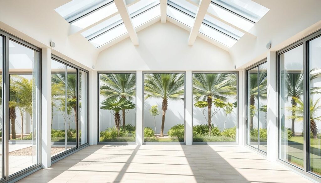A spacious, sun-drenched glass-enclosed annex with pristine white insulated sandwich panels, seamlessly integrated into the contemporary architectural design of a building in Dammam, Saudi Arabia. Sleek metal frames and large windows create an airy, minimalist aesthetic, drawing the eye towards the lush greenery and vibrant surroundings outside. Natural light floods the space, casting warm, soft shadows that accentuate the clean lines and precise engineering of the expertly installed panels. The annex serves as a tranquil extension, blending indoor and outdoor living for a harmonious, modern lifestyle.