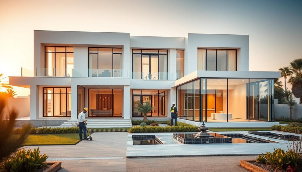 A spacious villa in Dammam, Saudi Arabia, its exterior adorned with sleek, contemporary architectural elements. In the foreground, a team of skilled workers meticulously install insulated sandwich panels, crafting glass-enclosed rooms that seamlessly integrate with the villa's modern design. The middle ground showcases the villa's well-manicured landscape, with lush greenery and harmonious water features. The background is characterized by a warm, golden-hour lighting, casting a soft, inviting glow over the entire scene. This image conveys a sense of sophistication, attention to detail, and a harmonious blend of indoor and outdoor living spaces, embodying the essence of the article's subject: "Elegant Execution of Dammam Villas 2026 - Engineered to Perfection."