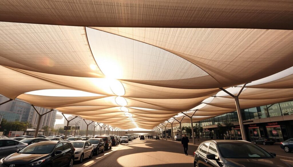 A sprawling canopy of lightweight tensile structures casts intricate patterns of shadow across a bustling Saudi Arabian city. Sleek, modern designs seamlessly integrate with the urban landscape, providing welcome respite from the sun's glare. Sunlight filters through the semi-transparent fabric, creating a warm, diffused illumination that enhances the vibrant colors of the surroundings. Parked cars and pedestrians move through the dappled light, their forms reflected in the glossy surfaces below. The scene conveys a sense of functionality, comfort and architectural elegance, embodying the importance of shade structures in the region's hot, arid climate.