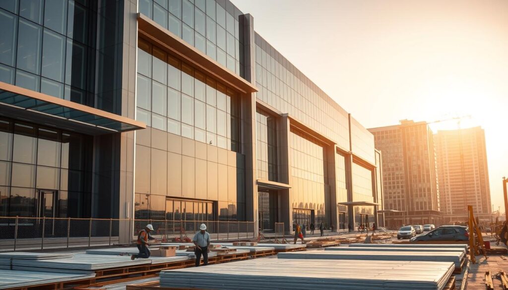 A sprawling commercial development adorned with sleek glass and steel facades. Expertly engineered sandwich panels line the exterior, showcasing the cutting-edge construction techniques of the Riyadah Al Sharqiyah company. In the foreground, skilled workers meticulously install the insulated panels, their diligence and attention to detail a testament to the brand's commitment to quality. The scene is bathed in warm, golden light, evoking a sense of prestige and refinement. Reflecting the company's exacting standards, the final image conveys a mood of modern elegance and architectural excellence.