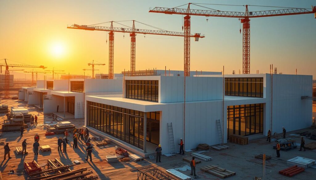A sprawling construction site bustles with activity. Skilled workers meticulously install gleaming insulated sandwich panels, crafting stunning modern annexes and glass-enclosed rooms. Towering cranes cast dramatic shadows, while the warm glow of the sun illuminates the scene. Architectural plans are scrutinized, ensuring precision and attention to detail. An air of professionalism and expertise permeates the environment, reflecting the rigor of "Engineering Supervision and Warranty Services" at play. The finished structures will embody a harmonious blend of functionality and aesthetic elegance, befitting the grandeur of the "Exterior Councils of Dammam 2026" project.