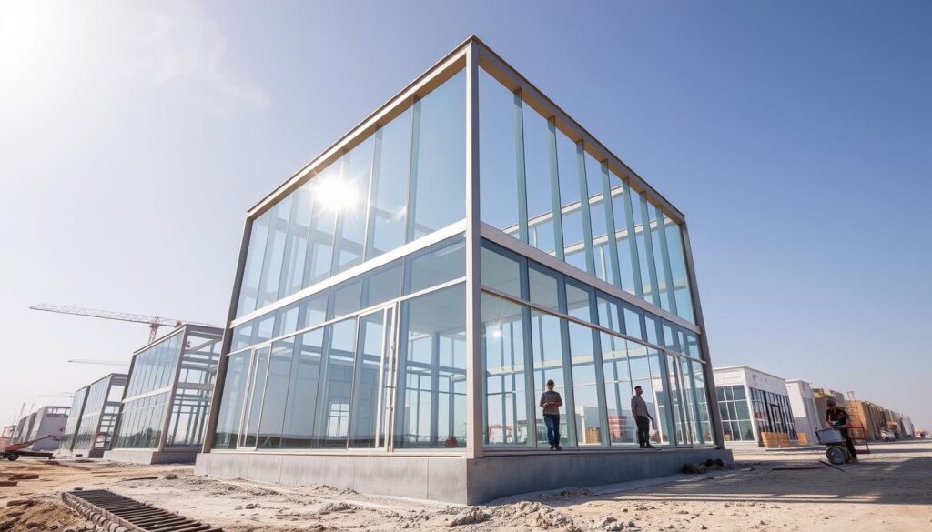 A sprawling construction site in Dammam, Saudi Arabia, where modern annexes and glass rooms are being erected. Sleek steel frames and gleaming glass panels rise against the backdrop of a sunny sky, as skilled workers install insulated sandwich panels, crafting the structures with precision. The scene exudes an atmosphere of progress and architectural sophistication, hinting at the future residential developments that will transform the local landscape.