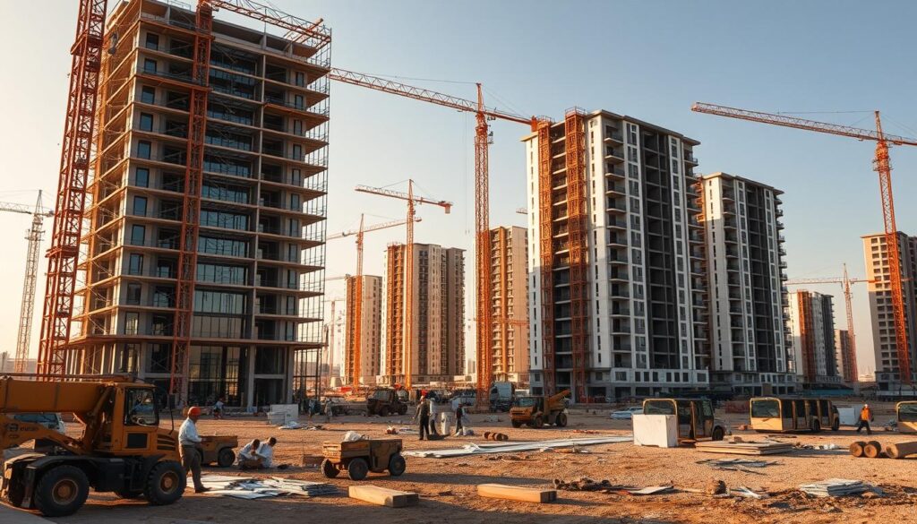 A sprawling construction site in Dammam, Saudi Arabia, where workers assemble gleaming glass annexes and modern residential buildings. Towering cranes and scaffolding punctuate the skyline, as teams expertly install insulated sandwich panels to create sleek, energy-efficient facades. The scene is bathed in warm, golden light, capturing the hive of activity and the precision of this ambitious building project. In the foreground, heavy machinery and tools litter the ground, while in the distance, the partially completed structures stand tall, their clean, geometric lines a testament to the skill and vision of the construction crew.