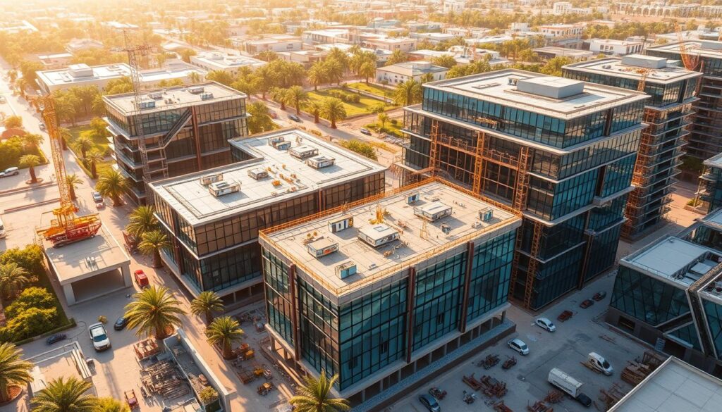 A sprawling construction site in Dammam, bustling with activity. Sleek, contemporary glass and steel annexes rise amidst lush greenery, their facades glittering in the warm sunlight. Workers meticulously install insulated sandwich panels, crafting energy-efficient, thermally-regulated spaces. The scene exudes a sense of progress and innovation, capturing the essence of Dammam's burgeoning development. Diverse architectural styles merge seamlessly, showcasing the city's commitment to modern, high-quality construction. An aerial perspective offers a panoramic view of the project's scale and scope, highlighting Dammam's transformative vision for the future.