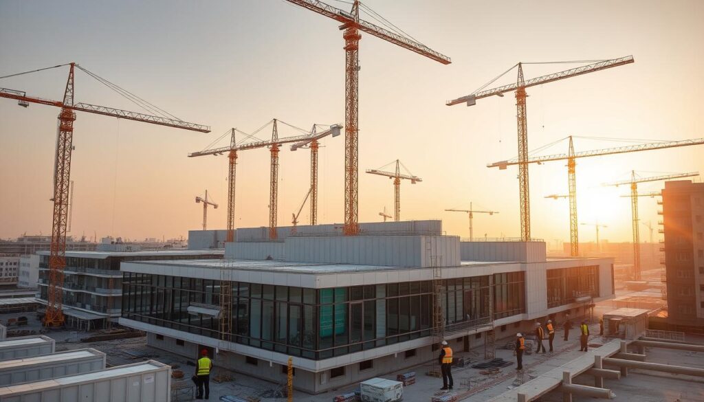 A sprawling construction site in the heart of Dammam, Saudi Arabia. Towering cranes soar above the skyline, their mechanical arms gracefully lifting prefabricated concrete panels into place. Workers in reflective vests meticulously install insulated sandwich panels, crafting sleek, modern annexes and glass-encased rooms. The site is a symphony of activity, with the rhythmic whir of machinery and the hum of focused labor. Warm sunlight filters through the glass facades, casting a soft glow over the scene. The architectural design blends seamlessly with the surrounding urban landscape, showcasing the city's evolving architectural language. This is a project that exemplifies the cutting-edge advancements in construction techniques and sustainable building practices transforming the cityscape of Dammam.